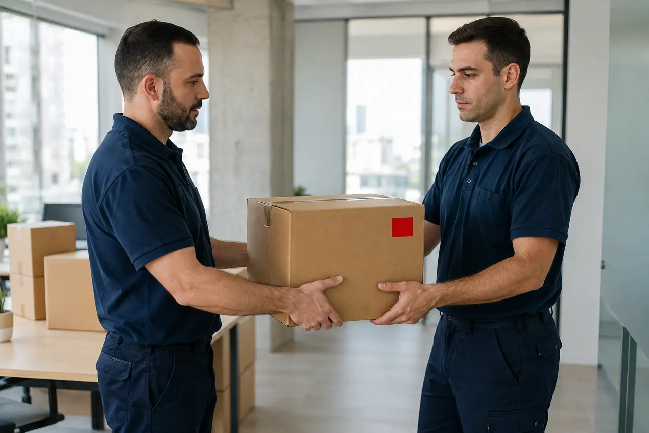 ሁለት አጓጓዦች በቢሮ ውስጥ ሳጥን ሲይዙ